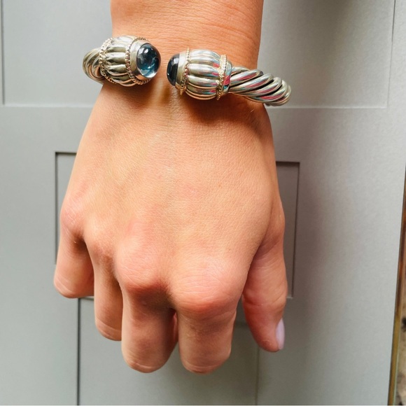 Large Blue Topaz 14k Gold & Sterling Silver 10mm Classic Cable Cuff Brac… - Picture 2 of 11